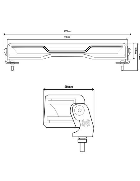 Medidas Barra LED 527mm X-Spider Venom | Largo Alcance HR | Posición Blanca A y Advertencia Ámbar XA1 | 12/24V