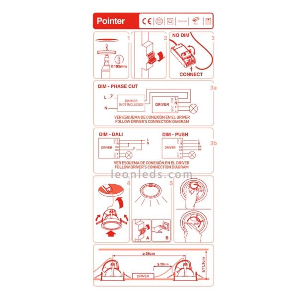 Hoja de instalación de downlight LED empotrable | Hoja de instrucciones de Downlight LED | LeonLeds Iluminación