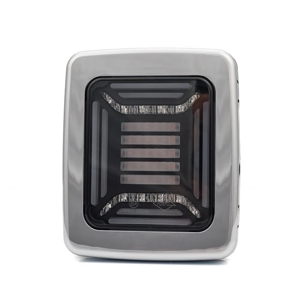 Feu arrière rectangulaire chromé CUBE à LED | Feux de position, de freinage et clignotants dynamiques | IP68 12/24 V | 2 A R1 S1