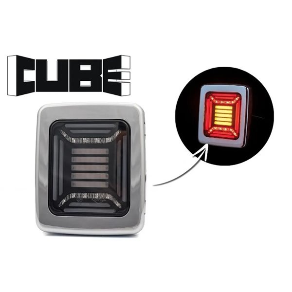 Feu arrière rectangulaire chromé CUBE à LED | Feux de position, de freinage et clignotants dynamiques | IP68 12/24 V | 2 A R1 S1
