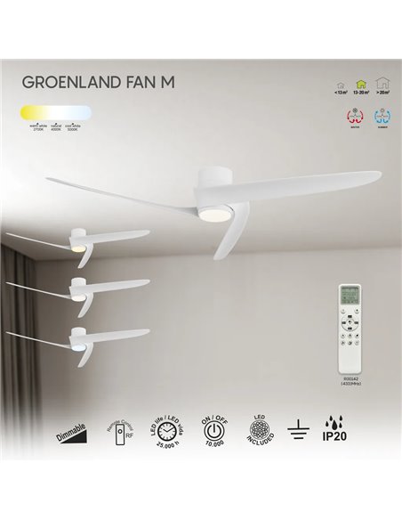Ventilador LED GROENLAND M blanco Ø122cm DC 24W 1700lm CCT 2700K-5000K con mando/APP