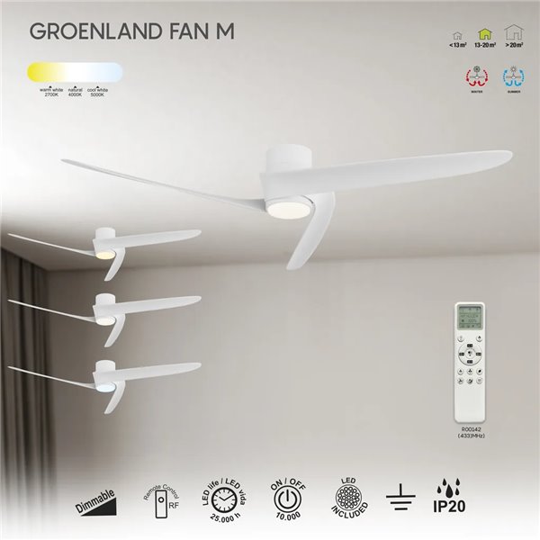 Ventoinha LED GROENLAND M, branco, Ø122cm, DC 24W, 1700lm, CCT 2700K-5000K, com controle remoto/aplicativo