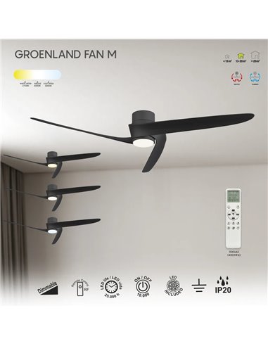 Ventoinha LED GROENLAND M, Preto, Ø122cm, DC 24W, 1700lm, CCT 2700K-5000K, com Controle Remoto/Aplicativo