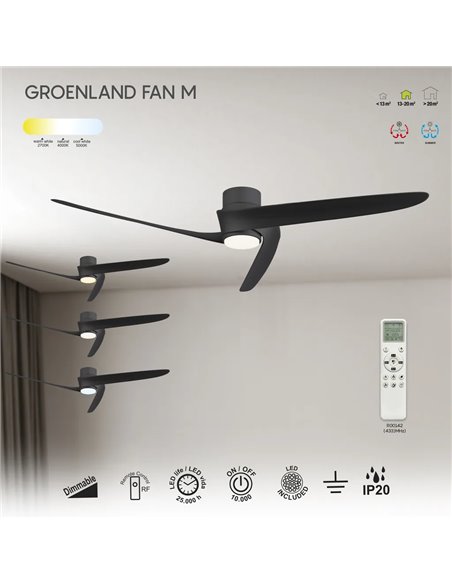 Ventilador LED GROENLAND M negro Ø122cm DC 24W 1700lm CCT 2700K-5000K con mando/APP