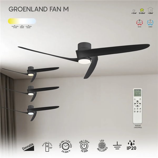Ventilador LED GROENLAND M negro Ø122cm DC 24W 1700lm CCT 2700K-5000K con mando/APP