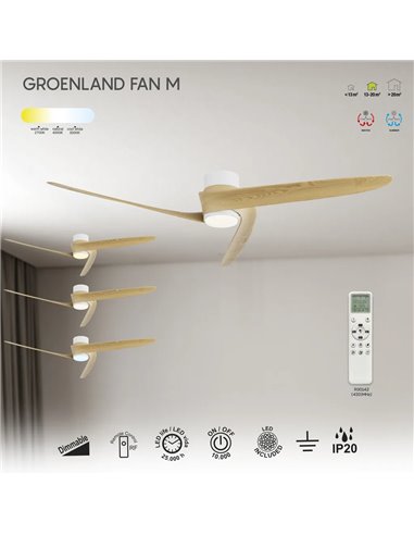 Ventoinha LED GROENLAND M, Branco/Madeira, Ø122cm, DC 24W, 1700lm, CCT 2700K-5000K, com Controle Remoto/Aplicativo