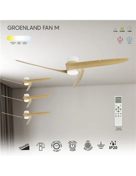 Ventilador LED GROENLAND M blanco/madera Ø122cm DC 24W 1700lm CCT 2700K-5000K con mando/APP