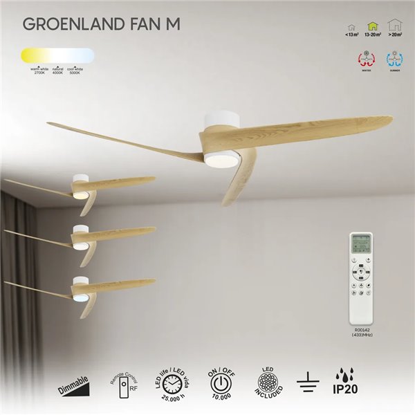 Ventilador LED GROENLAND M blanco/madera Ø122cm DC 24W 1700lm CCT 2700K-5000K con mando/APP
