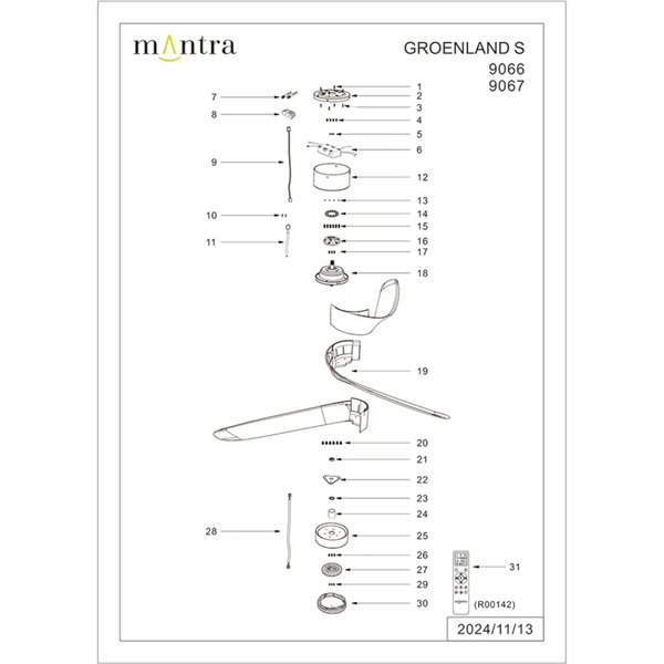 Ventoinha LED GROENLAND S, branco, Ø102cm, DC 24W, 1700lm, CCT 2700K-5000K, com controle remoto e aplicativo.