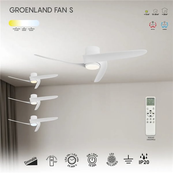 Ventoinha LED GROENLAND S, branco, Ø102cm, DC 24W, 1700lm, CCT 2700K-5000K, com controle remoto e aplicativo.