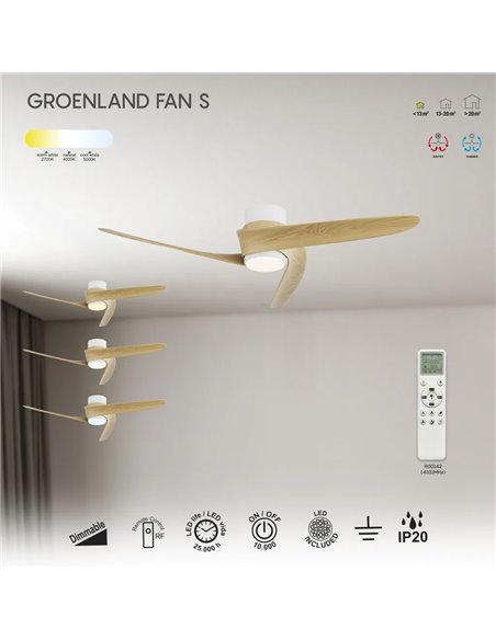 Ventoinha LED GROENLAND S, Madeira Branca Ø102cm DC 24W 1700lm CCT 2700K-5000K com Controle Remoto e Aplicativo