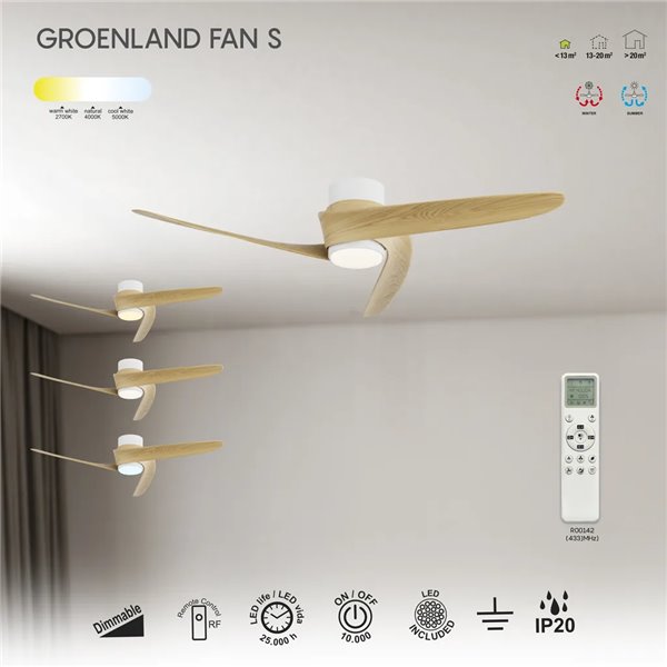 Ventilador LED GROENLAND S blanco Madera Ø102cm DC 24W 1700lm CCT 2700K-5000K con Mando y APP