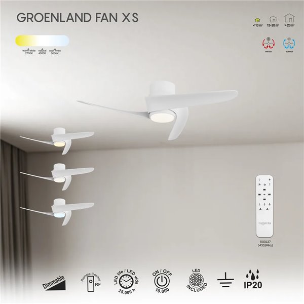 Ventoinha LED GROENLAND XS, branco, Ø79,5 cm, DC 24 W, 1700 lm, CCT 2700 K-5000 K, com controle remoto.