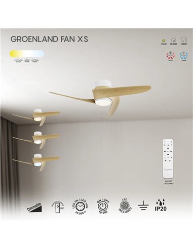 Ventoinha LED GROENLAND XS, Madeira Branca, Ø79,5cm, DC 24W, 1700lm, CCT 2700K-5000K com Controle Remoto