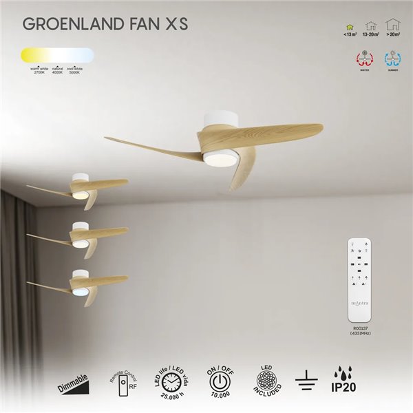 Ventilador LED GROENLAND XS blanco madera Ø79,5cm DC 24W 1700lm CCT 2700K-5000K con Mando