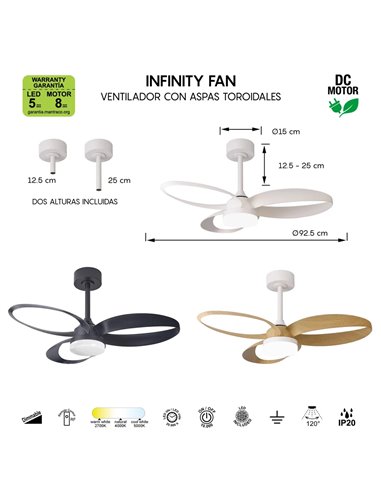 Ventilateur de plafond LED INFINITY FAN, blanc, Ø 92,5 cm, 20 W CC, 2 520 lm, température de couleur variable 3 000 K - 5 000 K