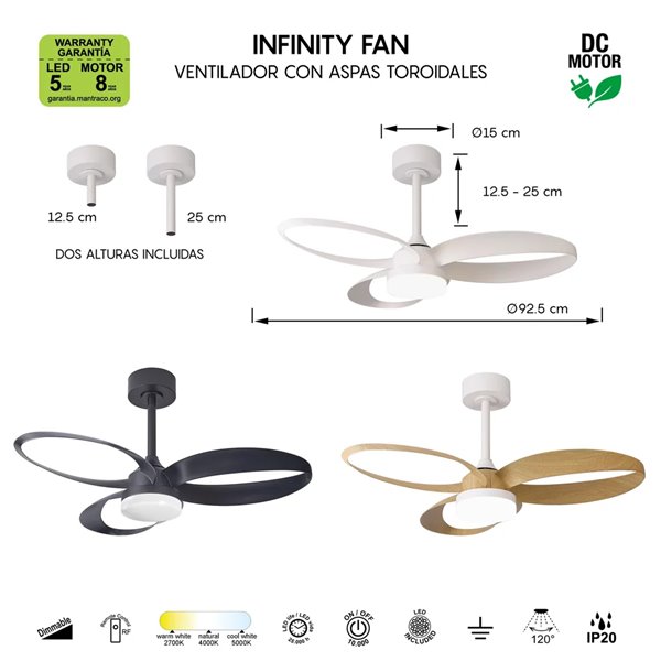 Ventilador de techo LED INFINITY FAN blanco Ø92,5cm DC 20W 2520lm CCT 3000K-5000K regulable