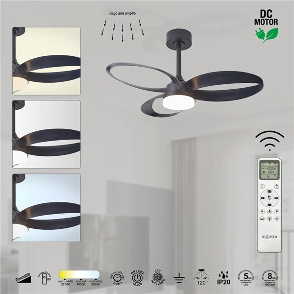 Ventilador de techo LED INFINITY FAN negro Ø92,5cm DC 20W 2520lm CCT 3000K-5000K regulable