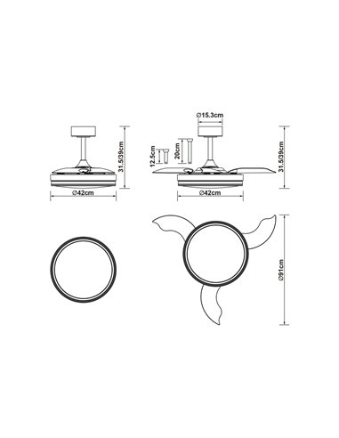 Ventilateur LED LUNA S blanc Ø91 cm CC 30 W 2800 lm CCT 3000 K-5000 K avec télécommande