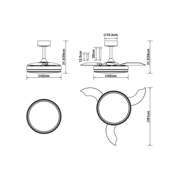 Ventilateur LED LUNA S blanc Ø91 cm CC 30 W 2800 lm CCT 3000 K-5000 K avec télécommande