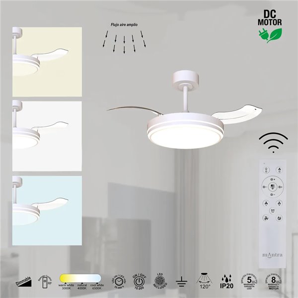 Ventilateur LED LUNA S blanc Ø91 cm CC 30 W 2800 lm CCT 3000 K-5000 K avec télécommande