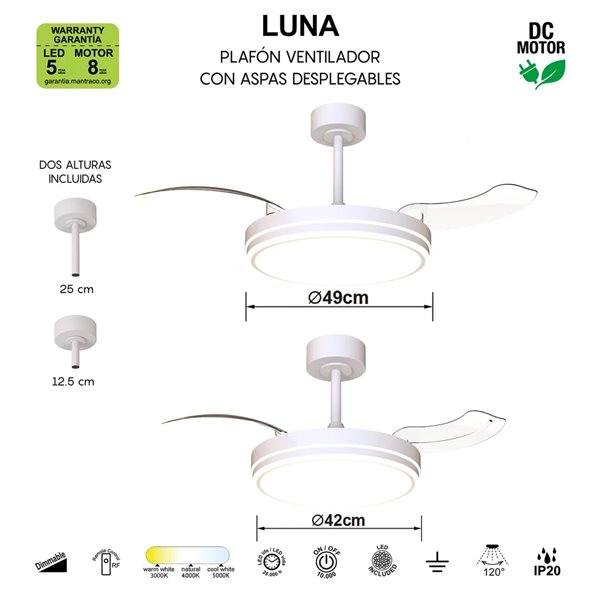Ventilador LED LUNA S Blanco Ø91cm DC 30W 2800lm CCT 3000K-5000K con Mando