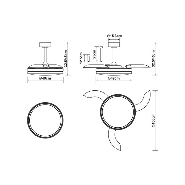 Ventilateur LED blanc LUNA M Ø106 cm CC 36 W 3600 lm CCT 3000 K-5000 K avec télécommande