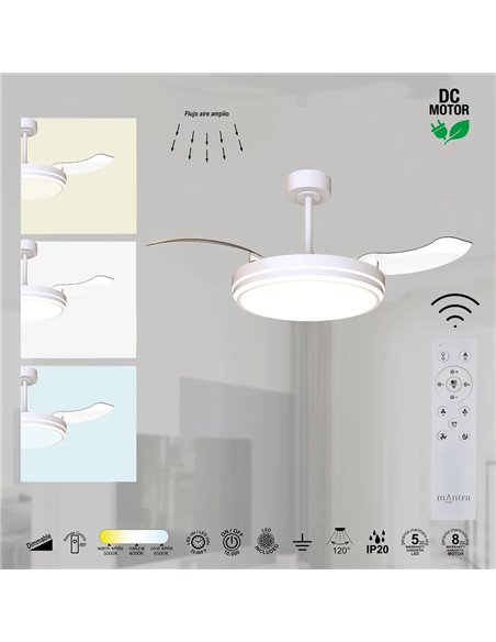 Ventilador LED LUNA M Blanco Ø106cm DC 36W 3600lm CCT 3000K-5000K con Mando