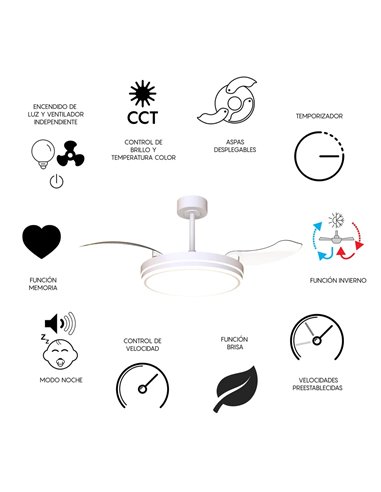 Ventilador LED LUNA M Blanco Ø106cm DC 36W 3600lm CCT 3000K-5000K con Mando
