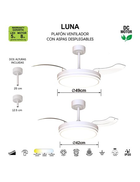 LUNA M Weißer LED Lüfter Ø106cm DC 36W 3600lm CCT 3000K-5000K mit Fernbedienung