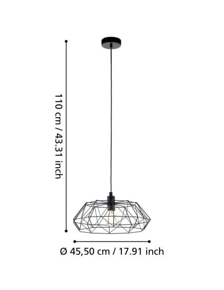Dimensões da luminária de teto Carlton série 2 em aço preto 49487 Eglo