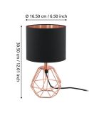 Medidas da luminária de mesa Carlton 2 em cobre e preto com soquete E14, da Eglo.