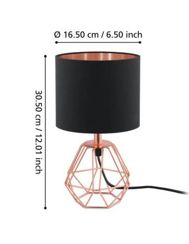 Medidas da luminária de mesa Carlton 2 em cobre e preto com soquete E14, da Eglo.