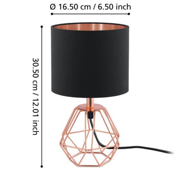Dimensions de la lampe de table Carlton 2 en cuivre et noir E14 par Eglo