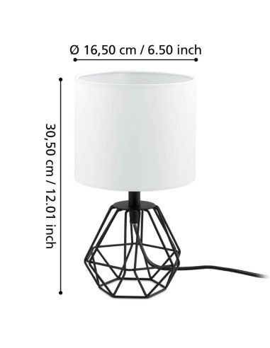 Maße der Vintage-Tischleuchte 95789 Eglo | LeonLeds schwarz-weiß)