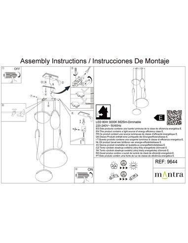 Suspension LED OASIS 80W dorée à 6 ampoules, 3000K, dimmable TRIAC, 2790 lm