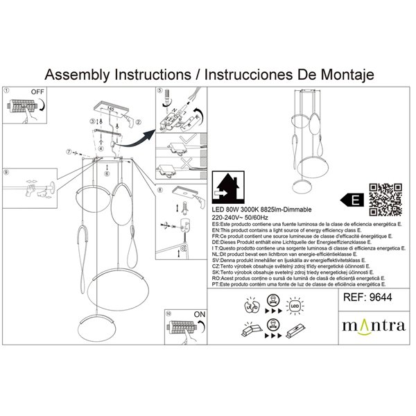 Suspension LED OASIS 80W dorée à 6 ampoules, 3000K, dimmable TRIAC, 2790 lm