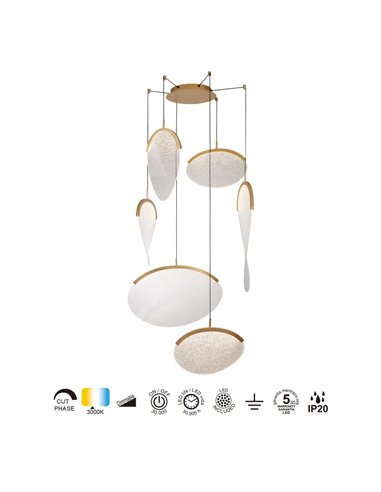 OASIS 80W Gold LED-Pendelleuchte mit 6 Leuchten, 3000K dimmbar, TRIAC, 2790Lm