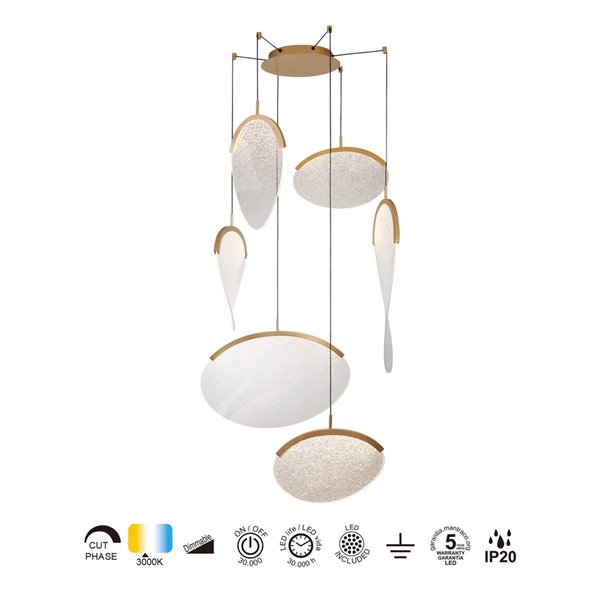 OASIS 80W Gold LED-Pendelleuchte mit 6 Leuchten, 3000K dimmbar, TRIAC, 2790Lm