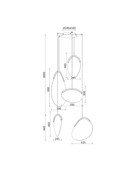 OASIS 65W Gold LED-Pendelleuchte mit 5 Leuchten, 3000K dimmbar, TRIAC, 2270Lm