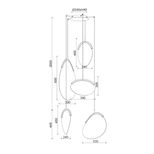 Luminária pendente LED OASIS dourada de 65 W com 5 lâmpadas, 3000 K, dimerizável, TRIAC, 2270 lúmens.