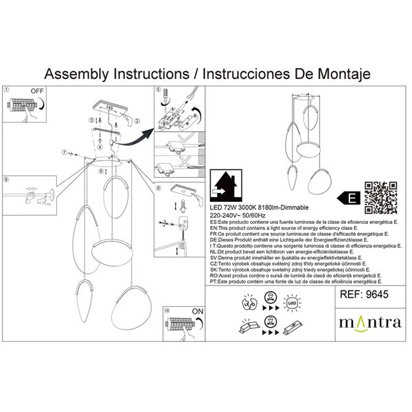 Suspension LED OASIS 65W dorée à 5 ampoules, 3000K, dimmable TRIAC, 2270 lm