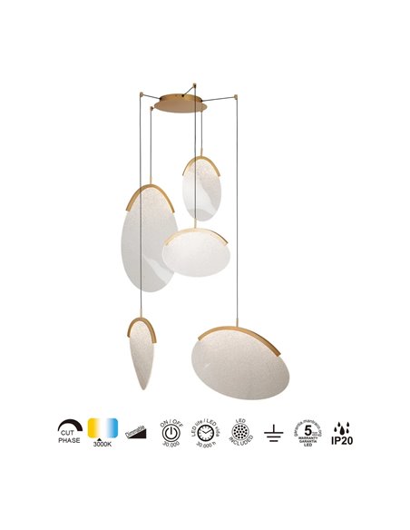 Lámpara colgante LED 65W dorada 5 luces OASIS, 3000K regulable TRIAC 2270Lm
