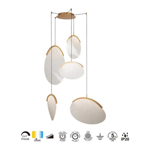 OASIS 65W Gold LED-Pendelleuchte mit 5 Leuchten, 3000K dimmbar, TRIAC, 2270Lm