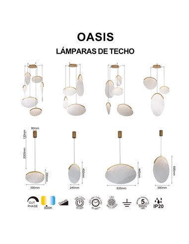 OASIS 65W Gold LED-Pendelleuchte mit 5 Leuchten, 3000K dimmbar, TRIAC, 2270Lm