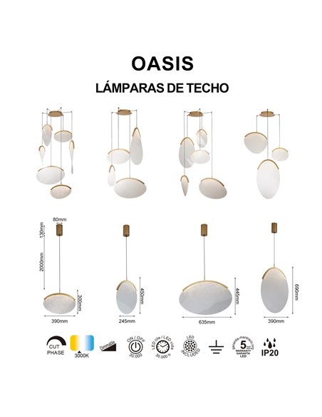 Luminária pendente LED OASIS dourada de 65 W com 5 lâmpadas, 3000 K, dimerizável, TRIAC, 2270 lúmens.