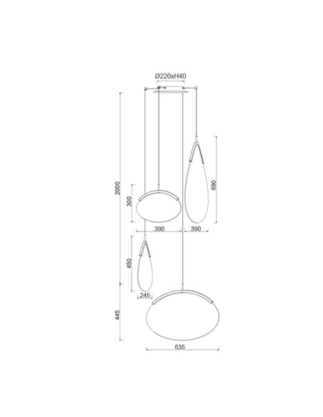 Luminária pendente LED OASIS 54W dourada com 4 lâmpadas, 3000K, dimerizável, TRIAC, 1890 lúmens.
