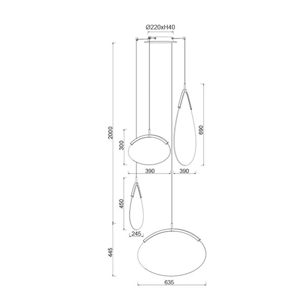 Luminária pendente LED OASIS 54W dourada com 4 lâmpadas, 3000K, dimerizável, TRIAC, 1890 lúmens.