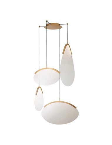 Luminária pendente LED OASIS 54W dourada com 4 lâmpadas, 3000K, dimerizável, TRIAC, 1890 lúmens.