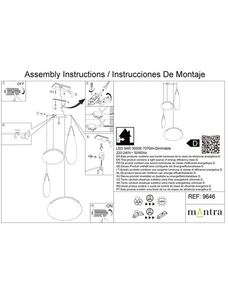 Suspension LED OASIS 54W dorée à 4 ampoules, 3000K, dimmable TRIAC, 1890 lm